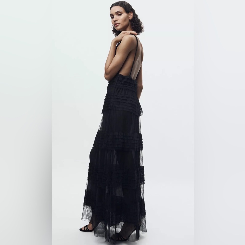 Zara RUFFLED TULLE DRESS. Black. Size XS. New with Tags.